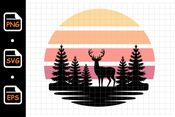 Deer Silhouette Forest with Sunset Retro